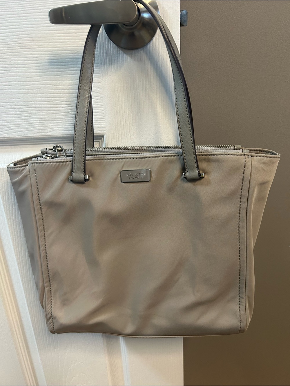 kate spade taupe nylon tote with leather handles